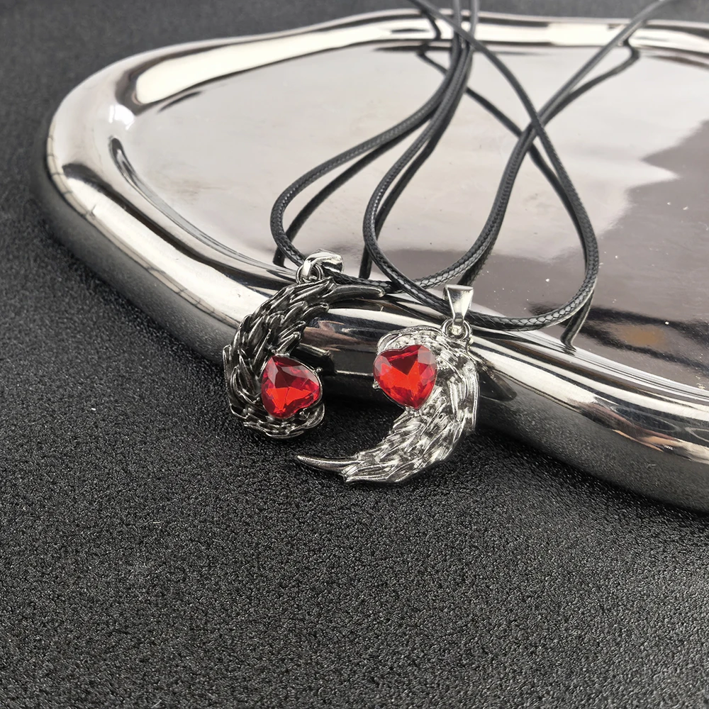 2 قطعة/المجموعة الملاك الشيطان قلادة حجر الراين الجناح شكل زوجين القلائد الحب شيطان الملاك مطابقة لعيد الحب للأزواج #1