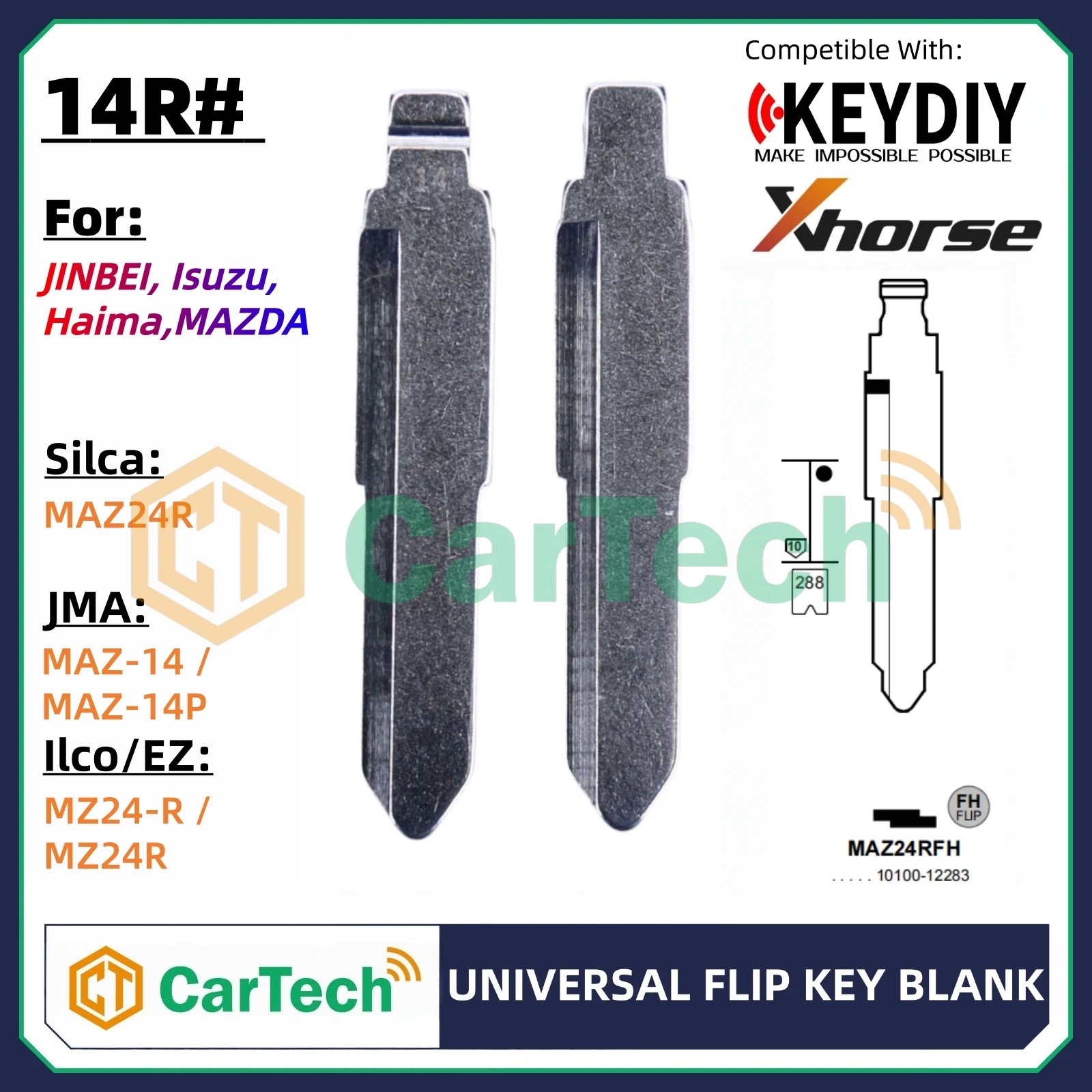 Cartech 14# Right Uncut Flip Blank Key Blade for KEYDIY KD XHORSE Remote Fit JINBEI Isuzu Haima MAZDA