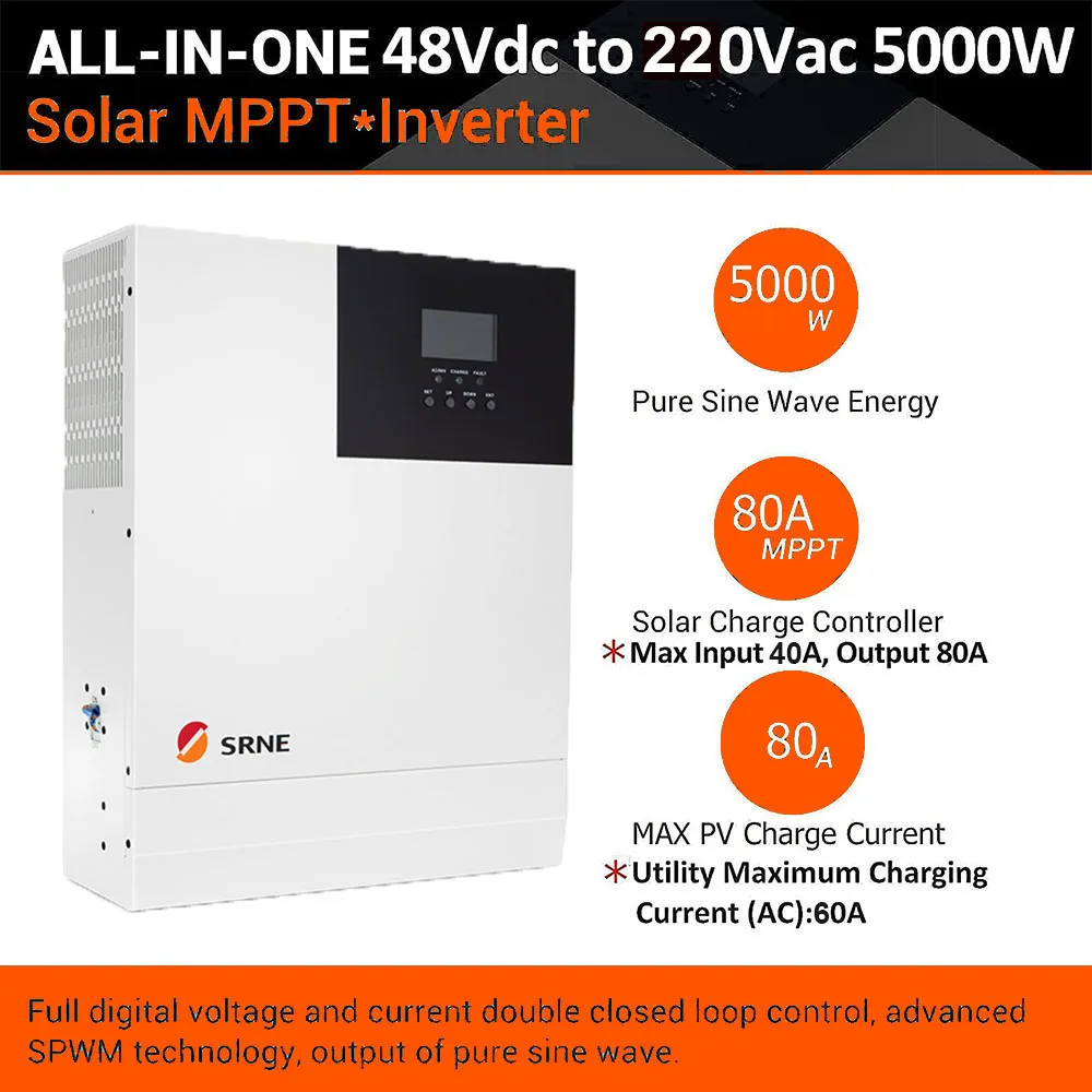 SRNE 5000W Hybrid Solar Inverter 220V 230VAC 48V Pure Sine Wave Inverter Build-in MPPT 80A Solar Controller PV-input Max 500Vdc