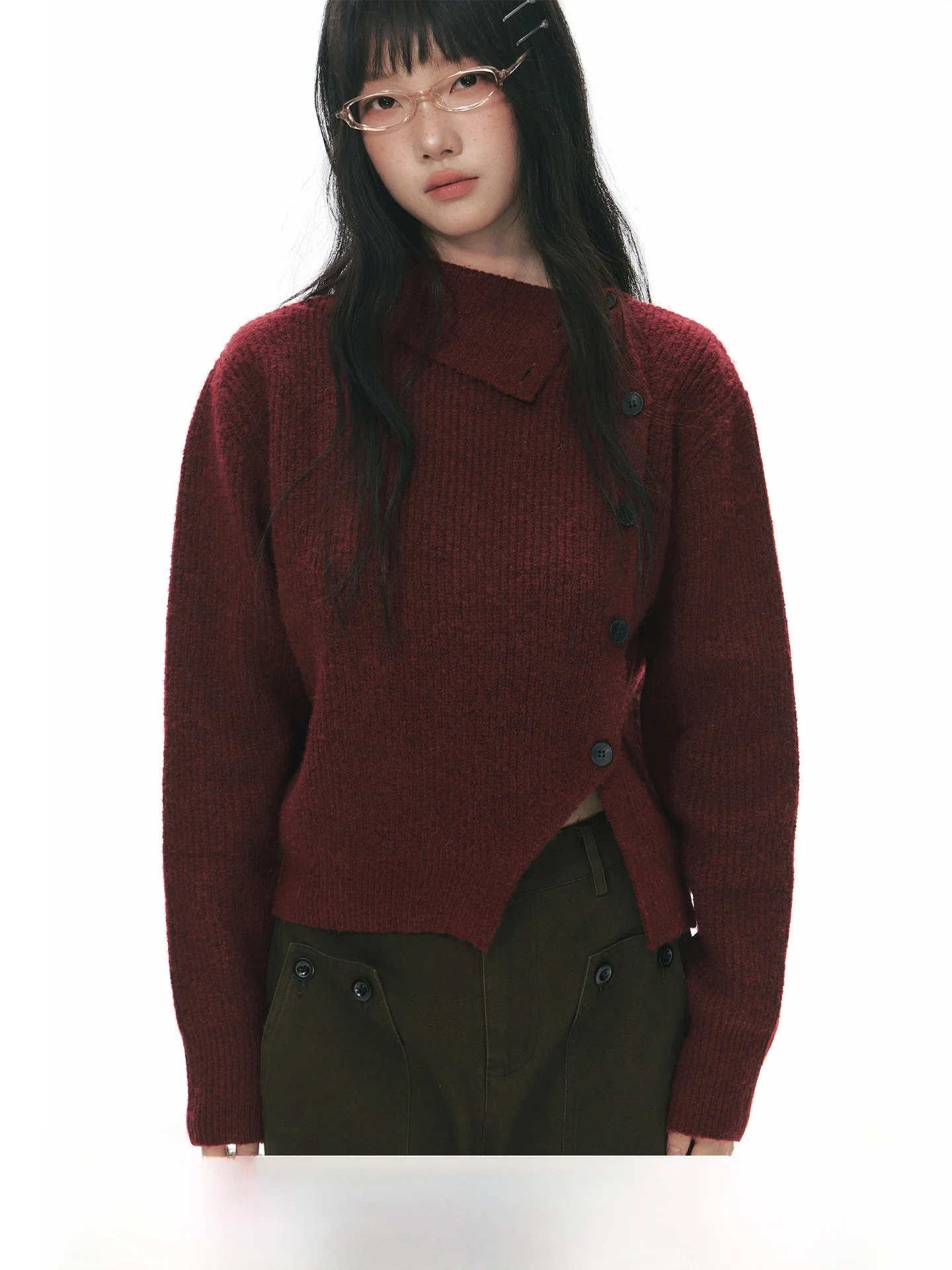 

NAPSNAPS Original Asymmetrical f High Collar Knitted Sweater Women's Autumn Winter Vintage Design Red Knitted Top