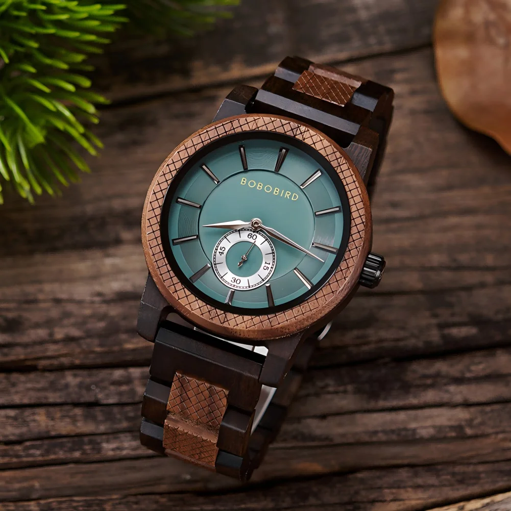 

BOBO BIRD Wooden Men's Watches Ocean Green Dial Design, Spliced Wooden Bracelet Customise Your Name Casual watches