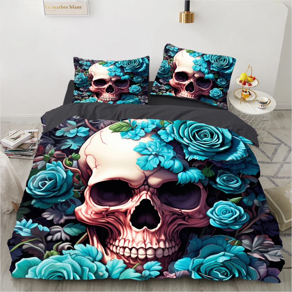 3D Skull Bedding set Duvet/Quilt/Comforter Cover sets human skeleton Bed Linen Halloween King Queen Full Size Blue Duvet Cover