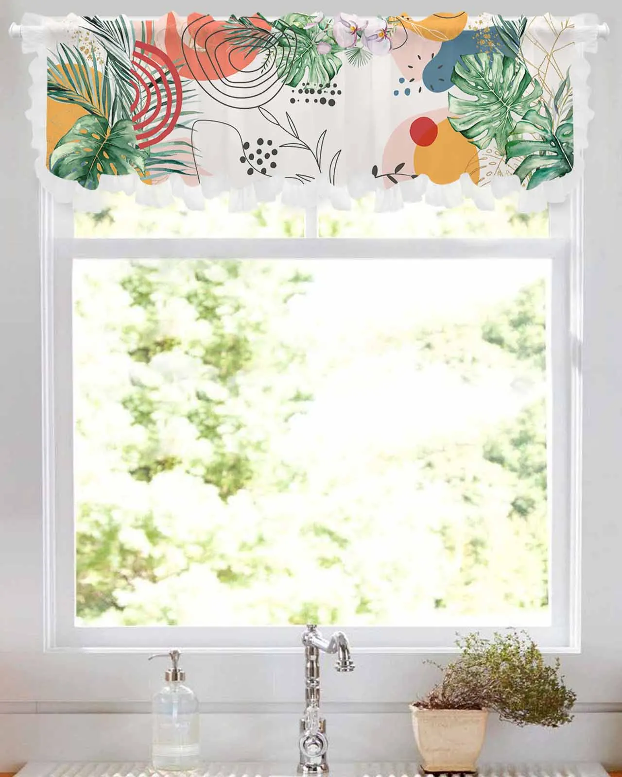 

Summer Palm Leaves Abstract Art Short Tulle Half Curtains for Living Room Kitchen Door Cafe Window Sheer Valance Drapes