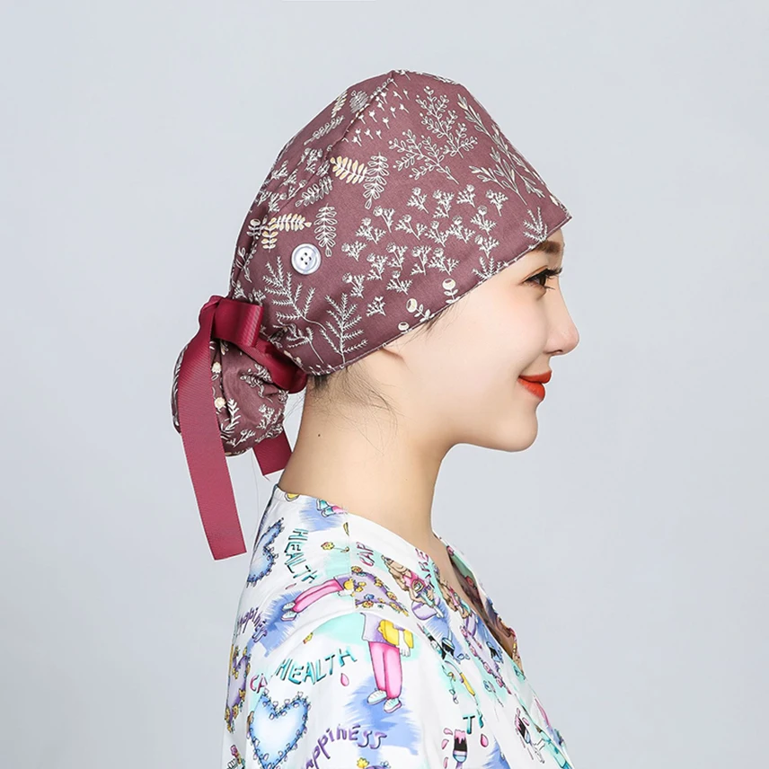 Gorro de algodón con estampado de dibujos animados para mujer, gorro de trabajo de belleza, ajustable, antisuciedad, para médico