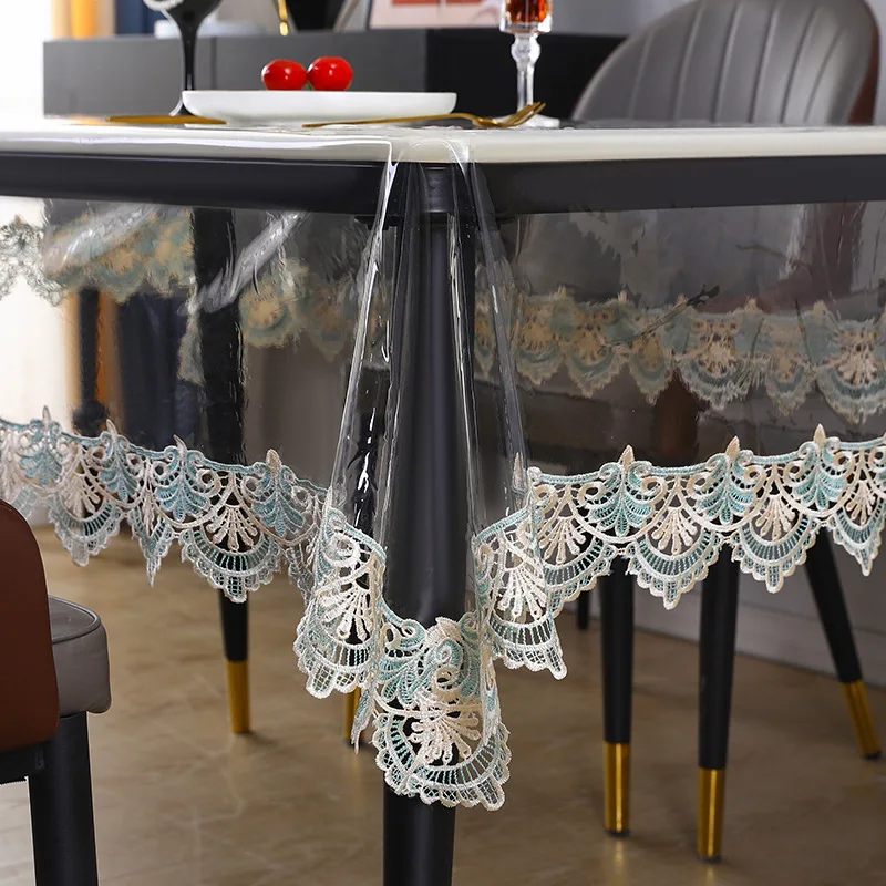 Rectangle PVC Transparent Tableclothes Waterproof Oil Resistant Crystal Glass Table Mat Lace Lined Tableclothes Table Cover