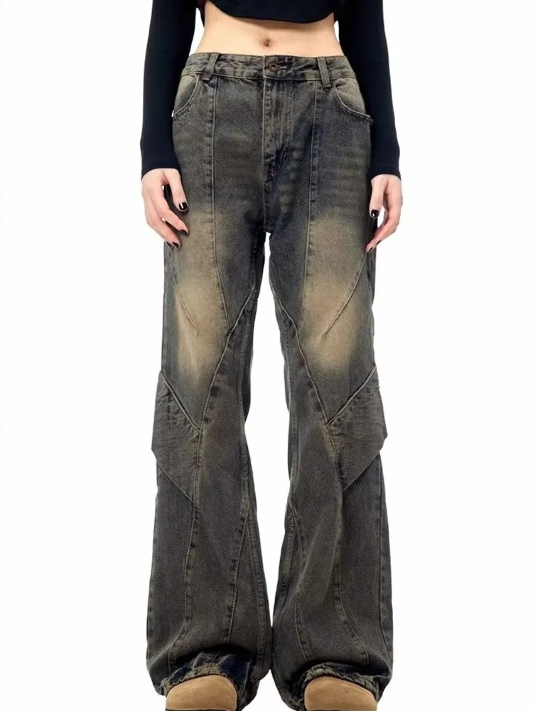 American Retro Distressed Yellow Mud Washed Jeans High Street Design Splicing Irregular Drape Women's Jeans