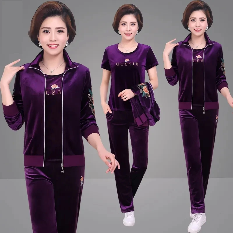 Middle-aged Women Casual Gold Velvet Three-piece Sets Suit Large Size Loose Sportswear Long Coat Tops Mother Clothing Tracksuit