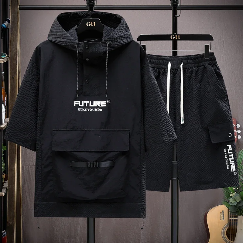 Setelan olahraga pria, baju olahraga dua potong, kaus hoodie warna polos lengan pendek, setelan pakaian olahraga musim panas untuk pria