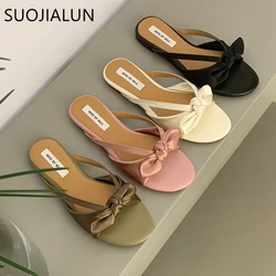 SUOJIALUN 2023 Summer New Brand Women Slipper Fashion Bow-knot Slip On Ladies Sandal Shoes Flat Heel Outdoor Casual Dress Slide