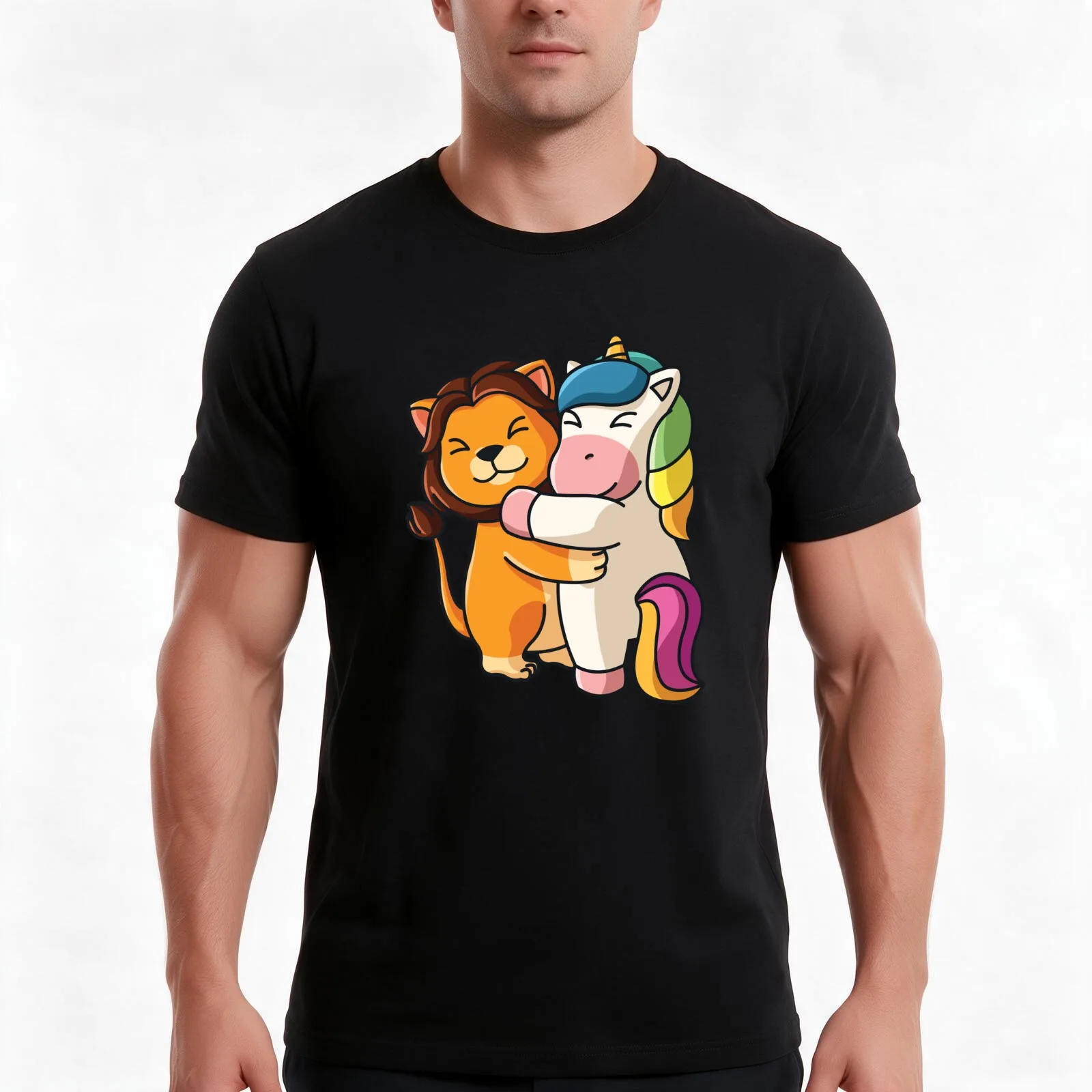 Lion hugging unicorn Hug Cuddle Animals T-Shirt Summer Casual Cotton Tee Oversized Streetwear Tops Vintage Graphic Print