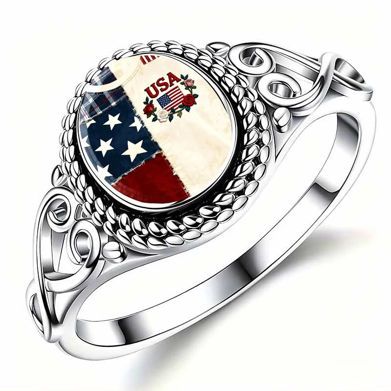 Anillo de cobre vintage con diseño patriótico americano, adornado con letras de EE. UU., bandera estadounidense, rosas, estrellas y detalles de tablero de ajedrez, disponible en varios tamaños, perfecto para uso diario y como accesorio festivo.