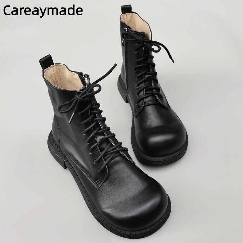 Careaymade-100% Natural Leather Women's Short Boots Wide Toe Derby Upturned Big Nose Cowhide High-Top Single Shoes Autumn Winter