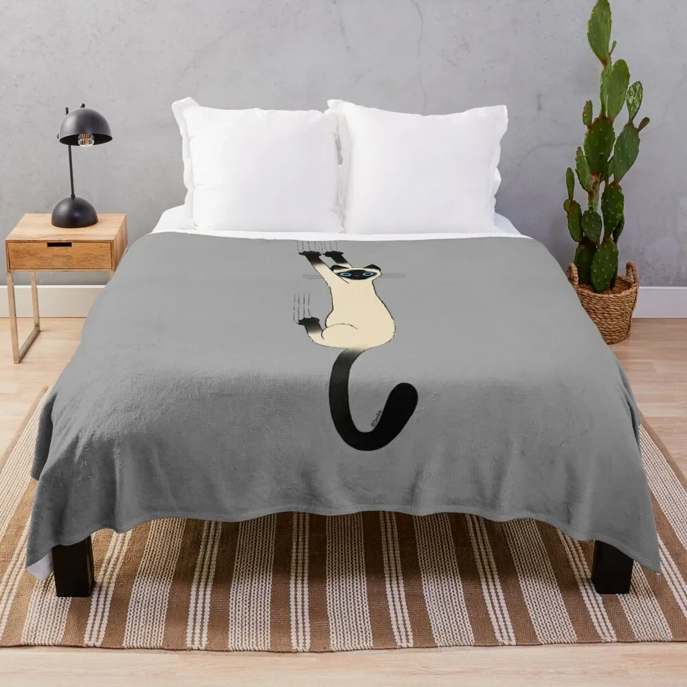 Siamese Cat Hanging On with Claws Funny Cat Holding On Throw Blanket Custom Beach Furrys Blankets