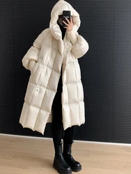 Russian Winter Women Mid Length Puffer Jackets Chic Design Loose Hooded White Duck Down Thicken Coats Leisure Warm Outerwear