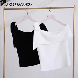 Kuzuwata New Moda Slash Neck mezza manica Solid Jumper Bow Off spalla All-match Casual Top giappone elegante Lace Up Patchwork Tops