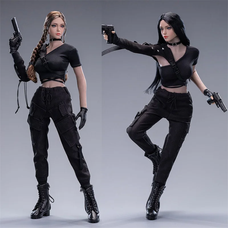 

3S008 1/6 Scale Model Girl Functional Suit Short Slim T-shirt and Overalls Pants Clothes Set For 12inch Action Figure Body Toys