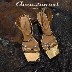 Women Gold Sandals Elegant Ladies Square Heel Shoes Summer Sandals Narrow Band Slipeprs Gold Silver Dress Party Shoes