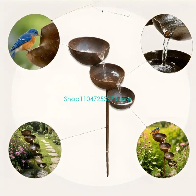D8KF Aged Brown Outdoor Bird Bath Stand, Metal Three Bowl Garden Rod, 31.5 Inch Rain Bowl and Wildlife Water Station for