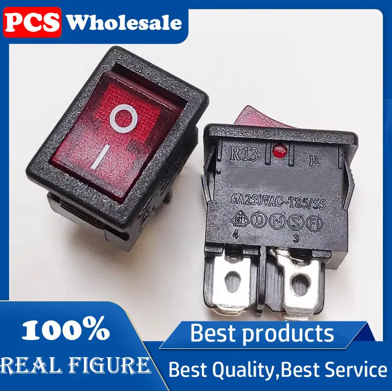 R13 Power Switch with Red Light, Green Light, Black, 4 Feet, 6A 250V, T85/55, On-Off Type Switch