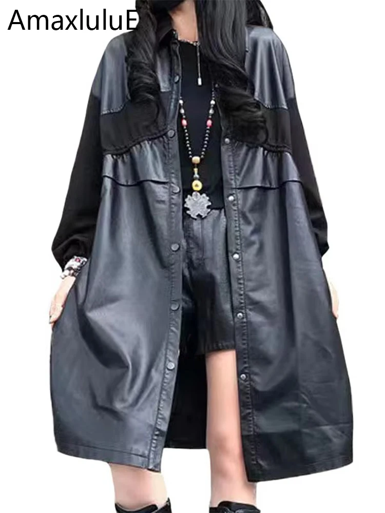 Amax luluE 2024 Jesienna moda Długie wiatrówki Kobiety Luźne Vintage Czarne sztuczne skórzane trencze Damskie Casual Punk Pu Kurtki