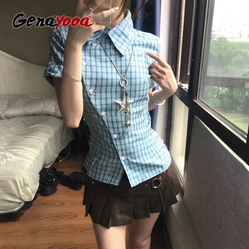 Genayooa Japanese Y2k Plaid Shirt Women Slim Short Sleeve Blouse And Shirt Streetwear American Retro Irregular Vintage Shirts
