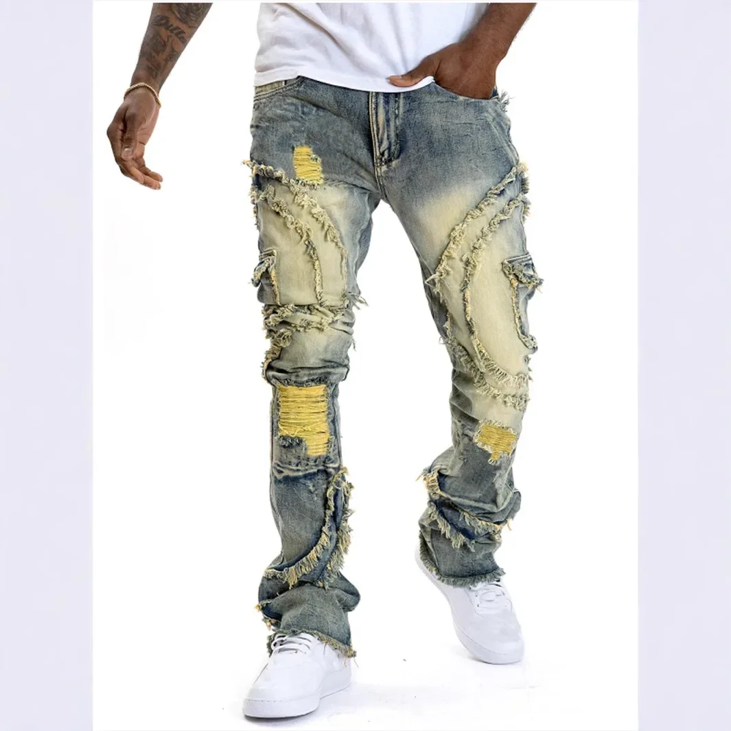 

Four Seasons Men's American Style High Casual Street Loose Bootcut Jeans Pants Trendy Wide Leg Hole Patched Denim Trousers Male