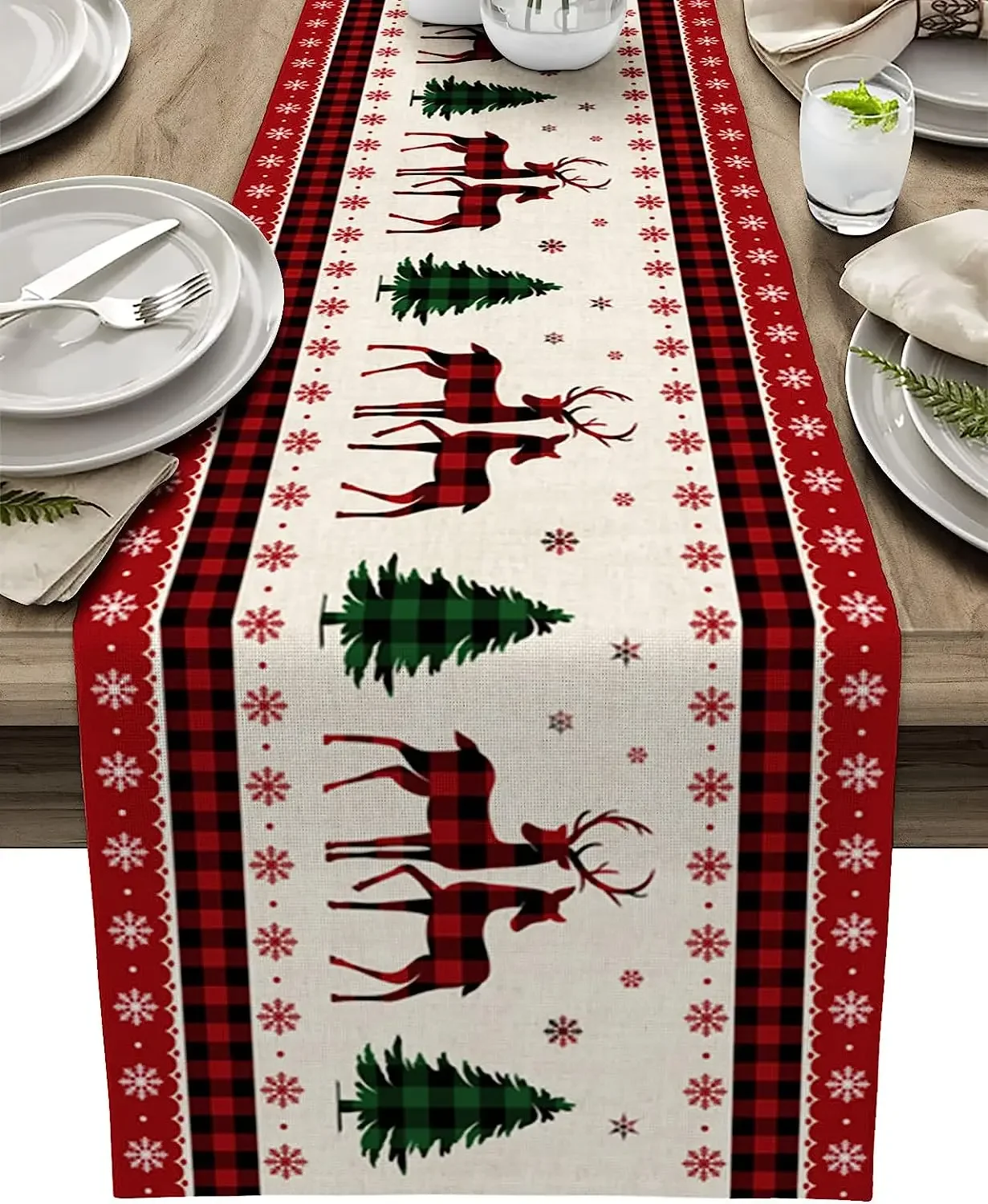 Christmas Elk Deers Snowflakes Red Plaid Linen Table Runners Holiday Party Decoration Farmhouse Table Runners Navidad Decoration