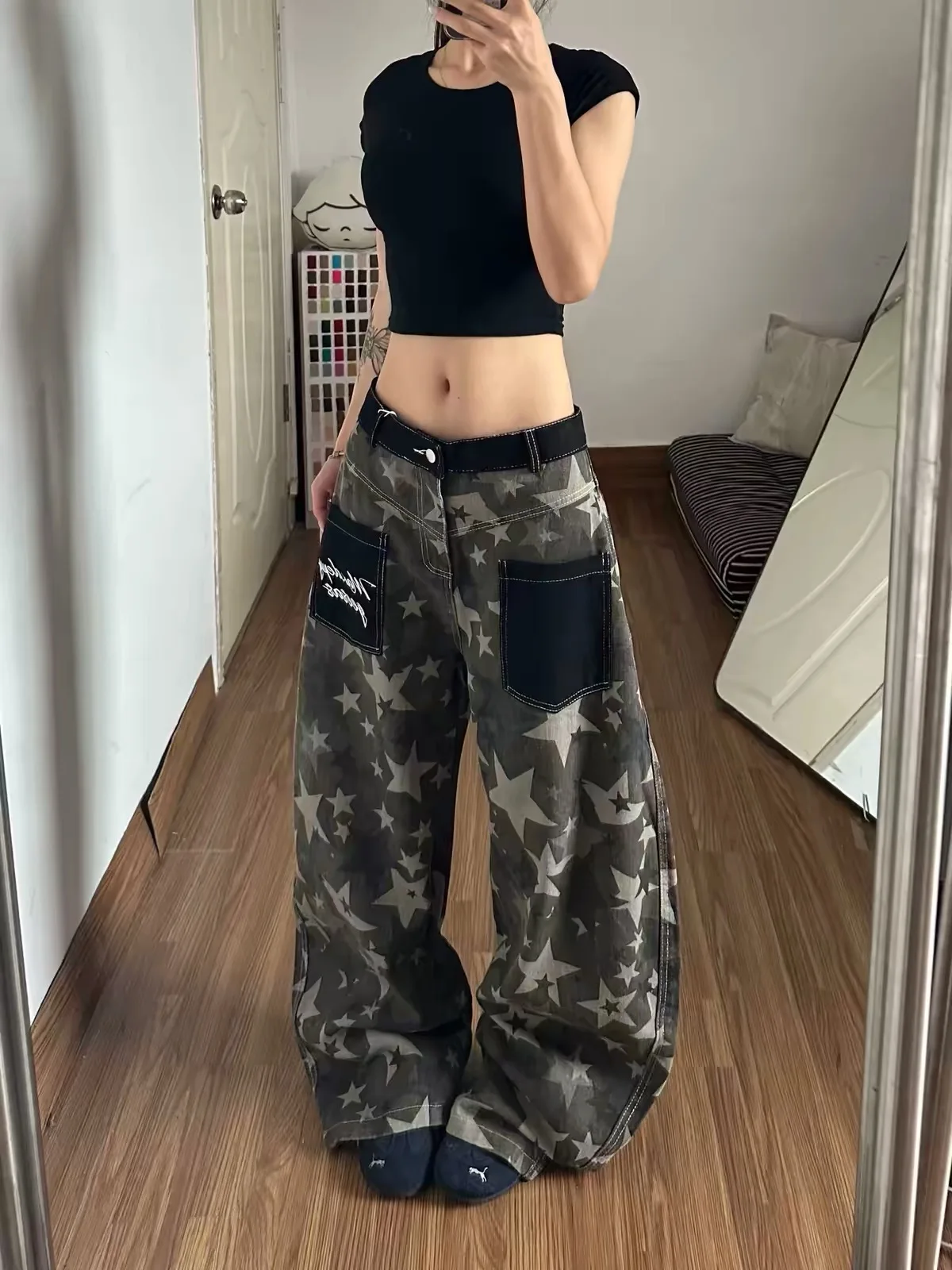 Ladies High Waist Wide Leg Knife Pants Star Print Loose Drapey Fall Fashion Bootcut Trousers Casual Comfortable Denim Jeans