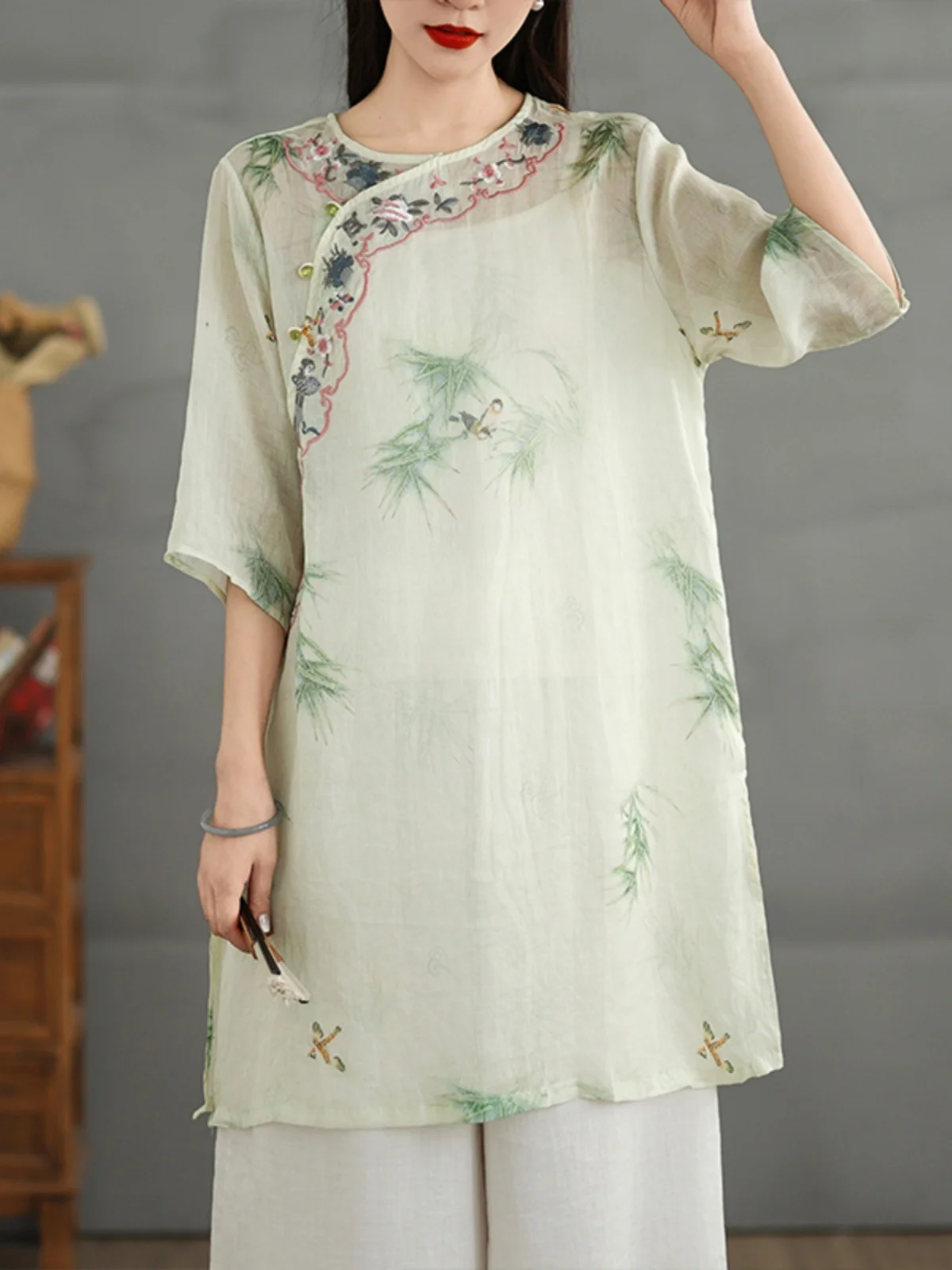 Retro haftowany nadruk, bawełna i len, rękaw 3/4, damska letnia nowość, chiński styl, narodowy trend, zapinana na guziki.