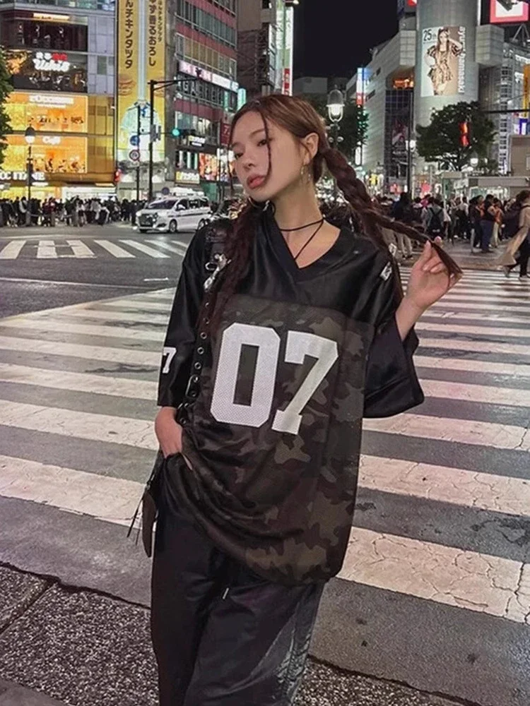 Y2K Half Sleeve Letter Jersey Women New Vintage Loose Hip Hop V-Neck T-Shirts High Street American Retro Half Sleeve Tide Tops