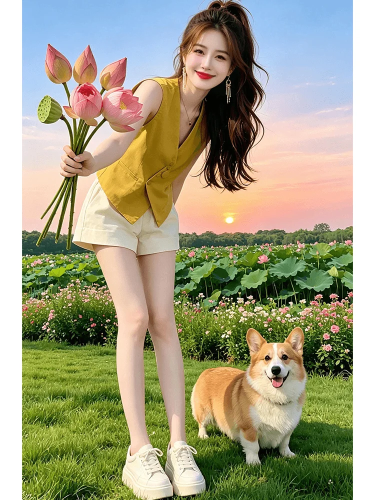 Fashionable Commute Ready Women's Summer Sleeveless Tank Top And Wide Leg Shorts Set High Waist Casual Style mid Thickness