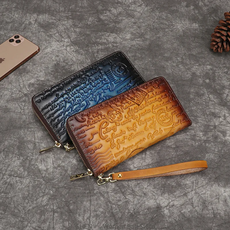 

2025 женский новый модный кожаный длинный клатч с тиснением букв в стиле ретро, кошелек большой емкости, длинный кошелек-органайзер для карт на молнии