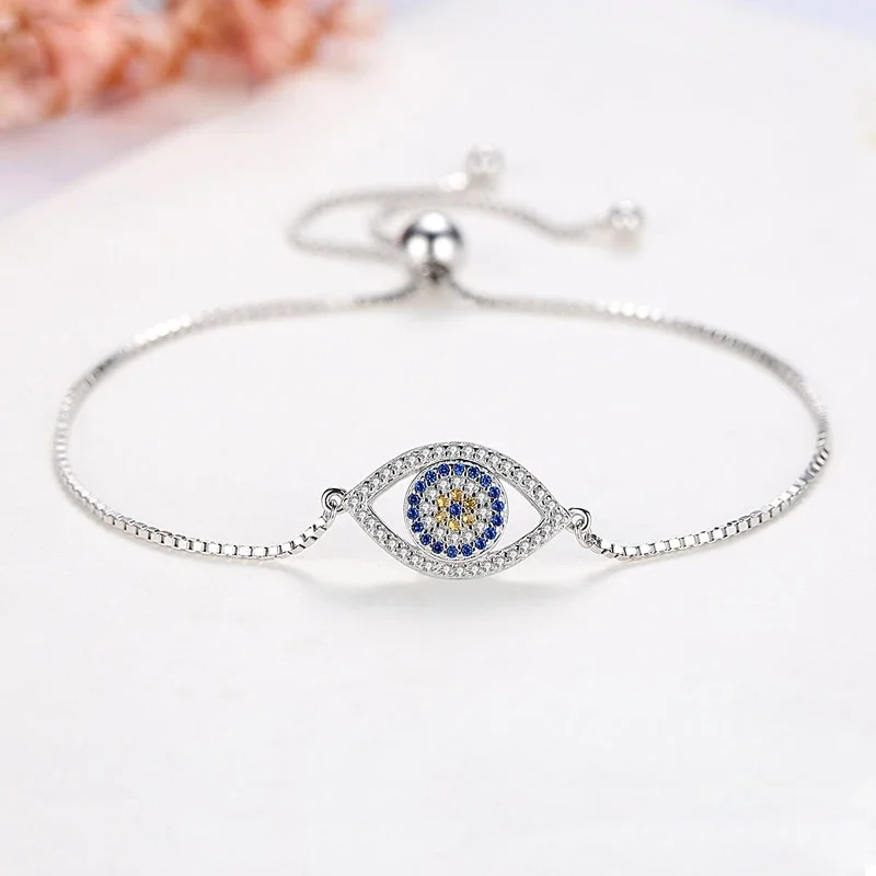 TONGZHE Fashion Woman 925 Sterling Silver Couple Bracelets for Women Round Blue Stone Evil Eye Bracelet Luck Bracelet Men