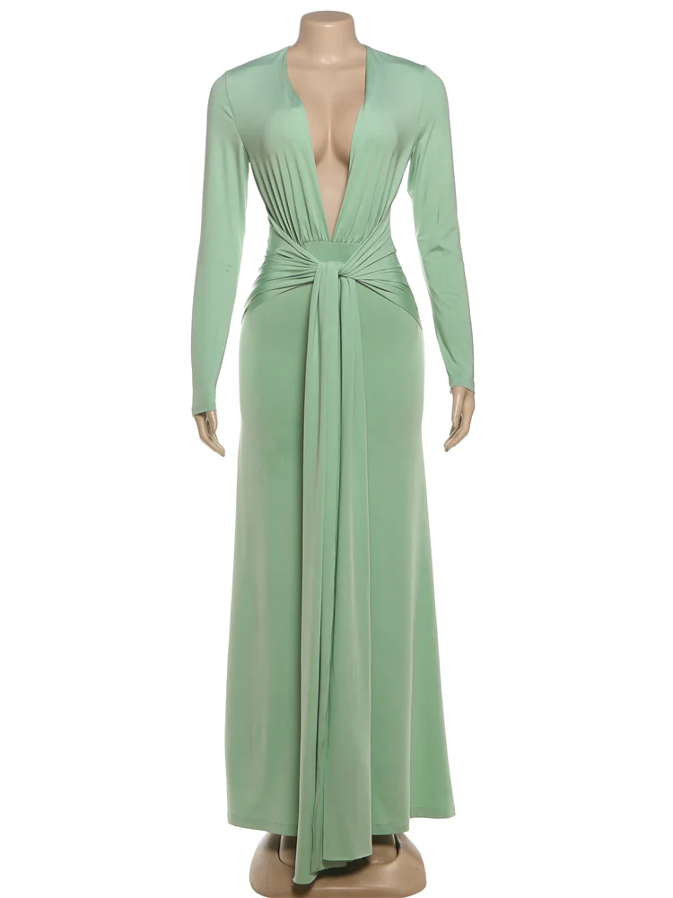 Kliou Elegant Ruched Long Dresses Woman Deep V-Neck Full Sleeve Kink Bandage High Waist Evening Prom Party Simple Basic Vestidos