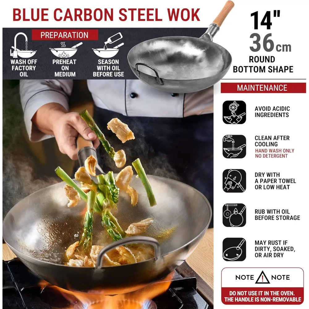 

Silver Round Bottom Wok and Stir Fry Pans 14 in-Chinese Hammered Carbon Steel Pow Wok-Traditional Chinese Asian Cookware