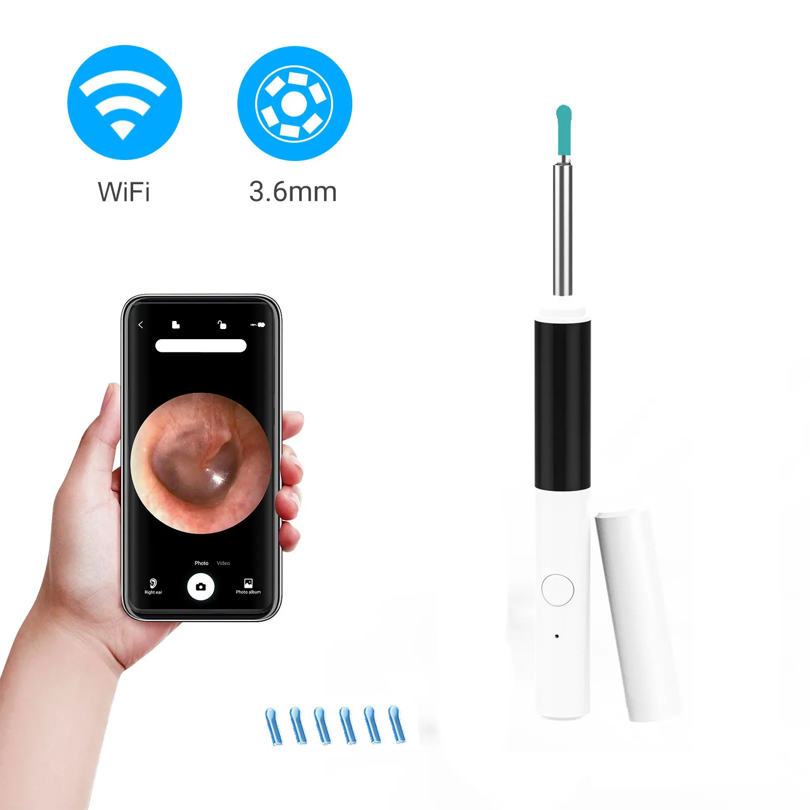 

Камера для удаления ушной серы с Wi-Fi, 5 МП HD, 6 светодиодов, ультратонкий объектив 3,6 мм, беспроводной отоскоп для iOS и Android