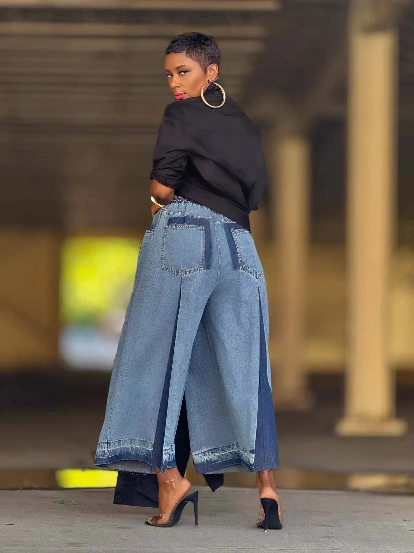 デニム レディース スプライスジーンズ ワイドレッグパンツ パッチワーク フルレングス ドローストリングウエスト ルーズ Y2K ストリートウェア カジュアル 2025 春秋