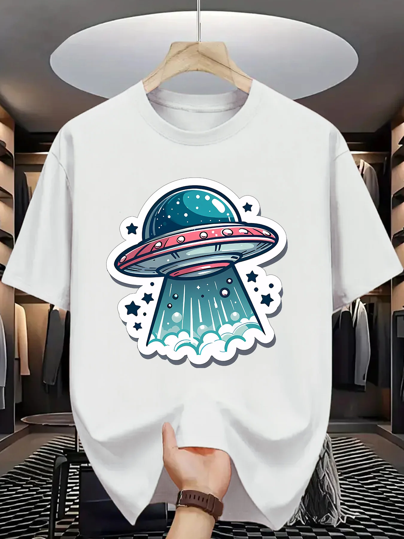 Space Print Men Short Sleeve Tshirt Colorful Flying Saucer UFO Star Cartoon O Neck Tee Sci Fi Theme Male Street Fashion Tops
