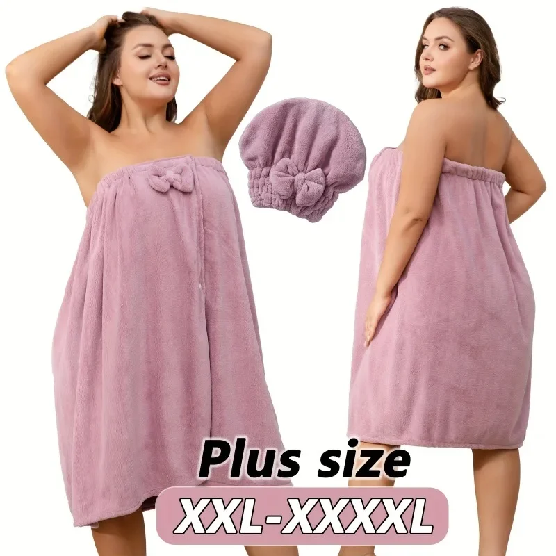 1pcs Plus Size Bathrobe Dress - Wearable Wrap Bath Towel with Hair Towel Absorbent Coral Fleece Bath Gown for Home & Travel Use