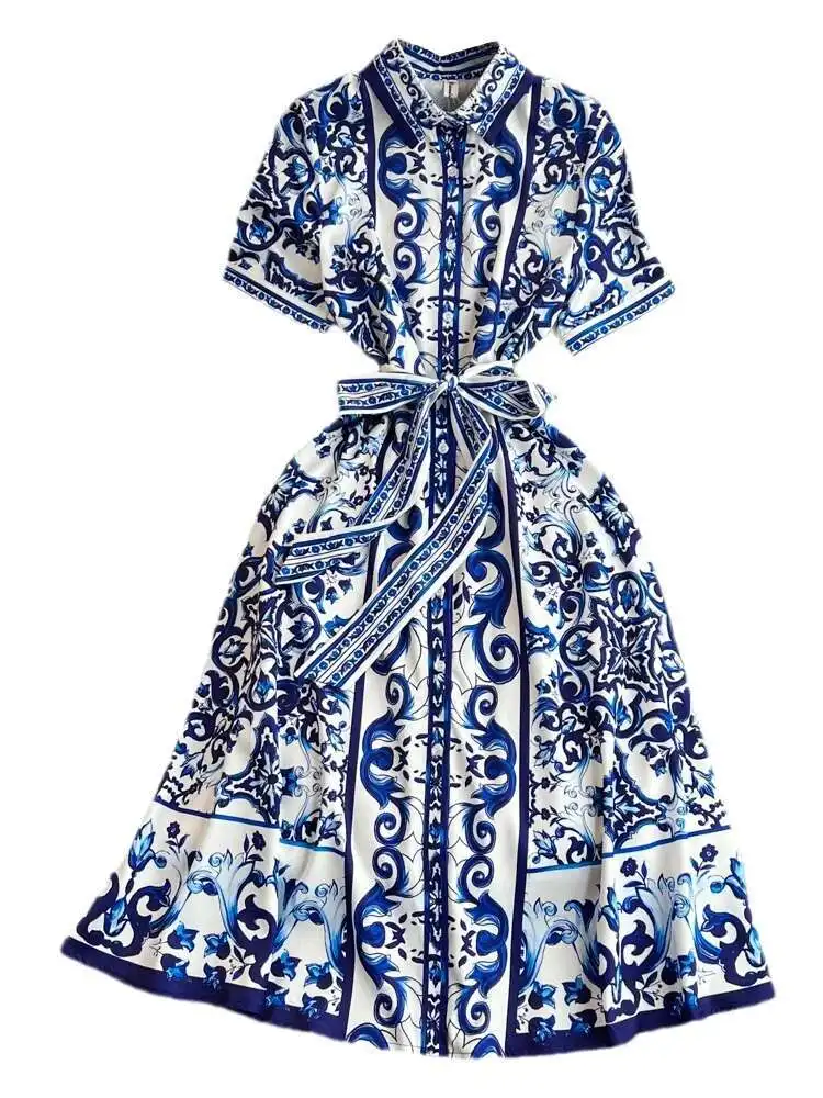 Robe mi-longue à fleurs pour femmes, robe à simple boutonnage, manches courtes, bleu, blanc, imprimé porcelaine, robe éducative, vacances d'été, nouveau