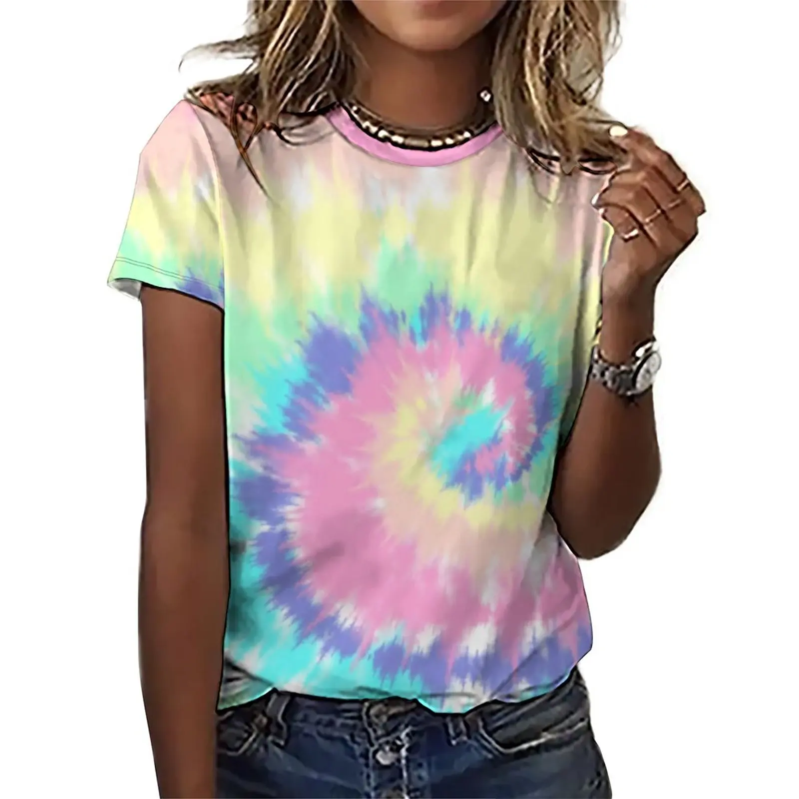 Tie Dye Print T Shirt Pastel Rainbow Harajuku Oversized T-Shirts Short Sleeves Casual Tshirt Women Summer Print Clothes