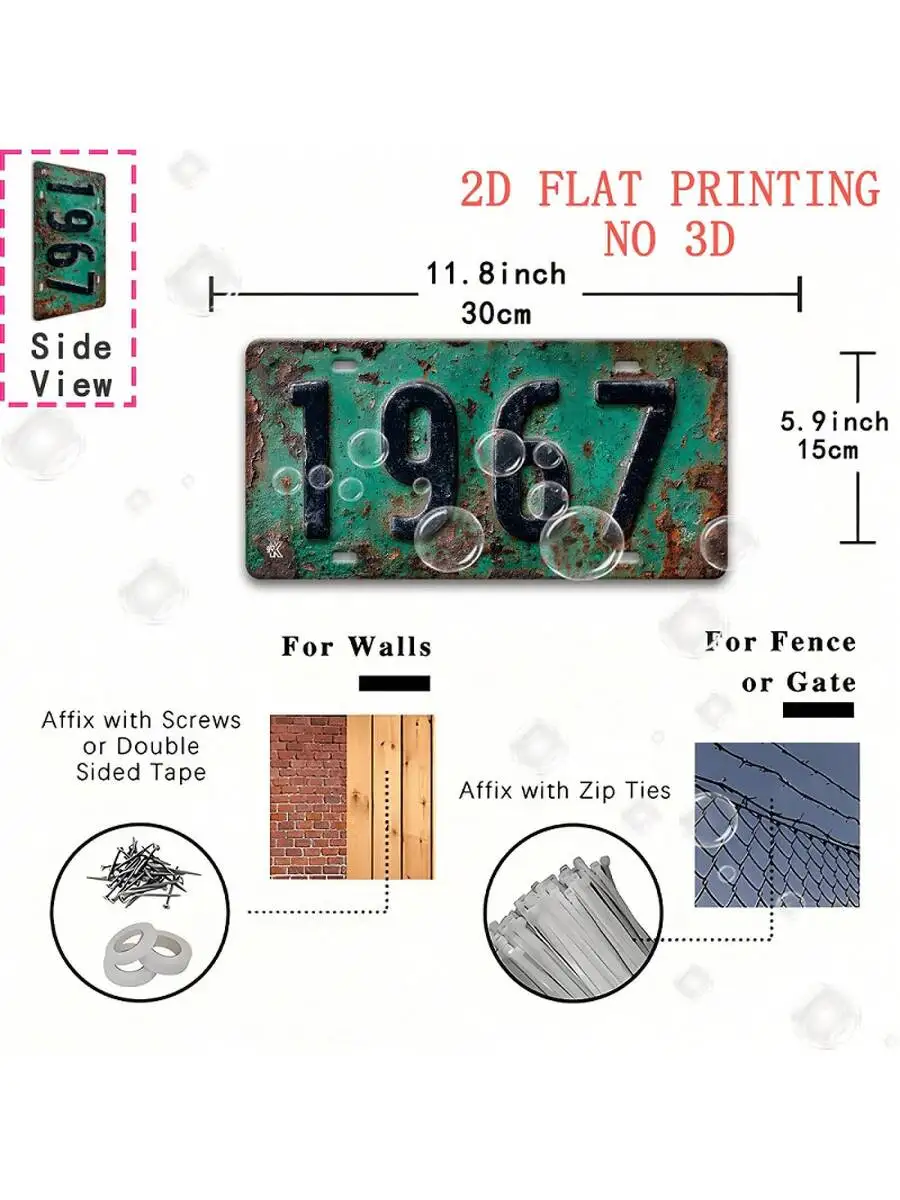 2D Flat, 1 Vintage 1967 Aluminum License Plate Sign - 11.8