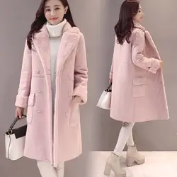 Korean Style Women Lamb Wool Coat Autumn and Winter Fleece-lined Thickened Suede Suit Mid-length Fur One-lapel Cotton-padded Top