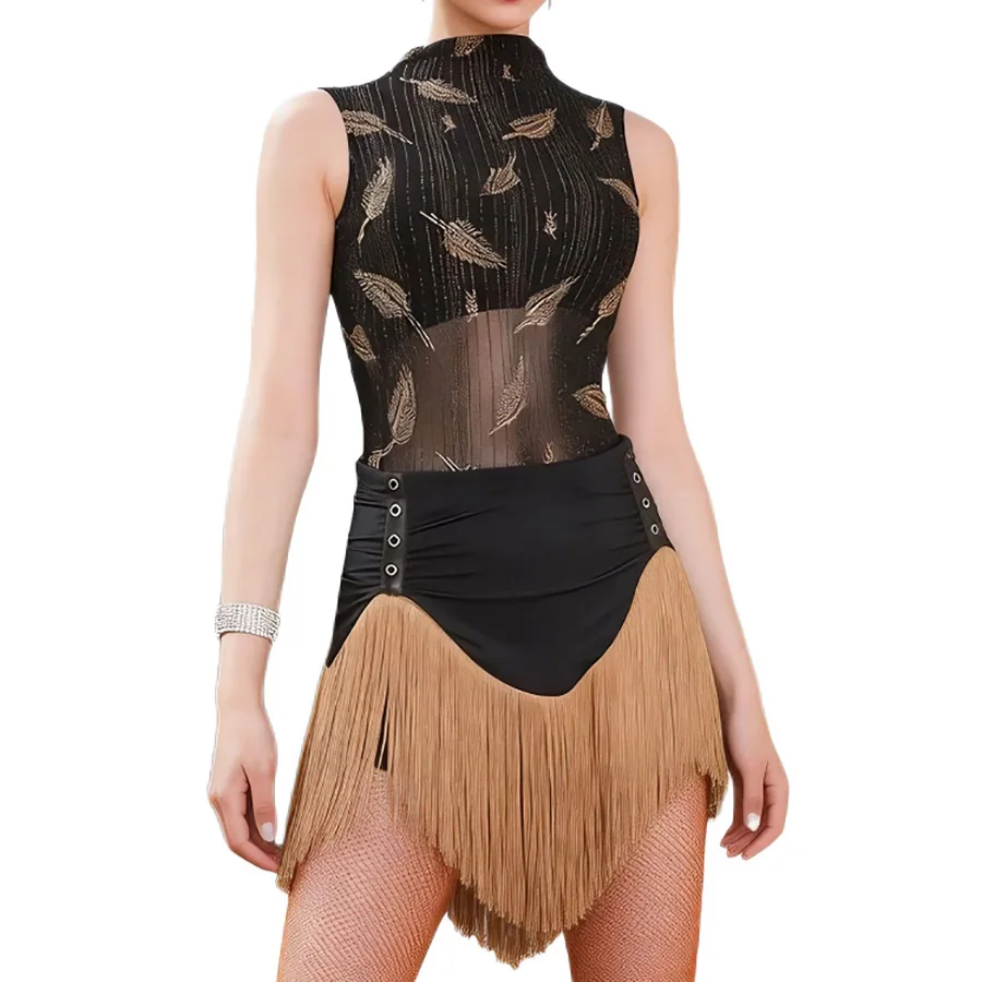 sexy-black-latin-dance-bodysuit-lace-up-waist-tassel-skirt-set-professional-ballroom-dancewear