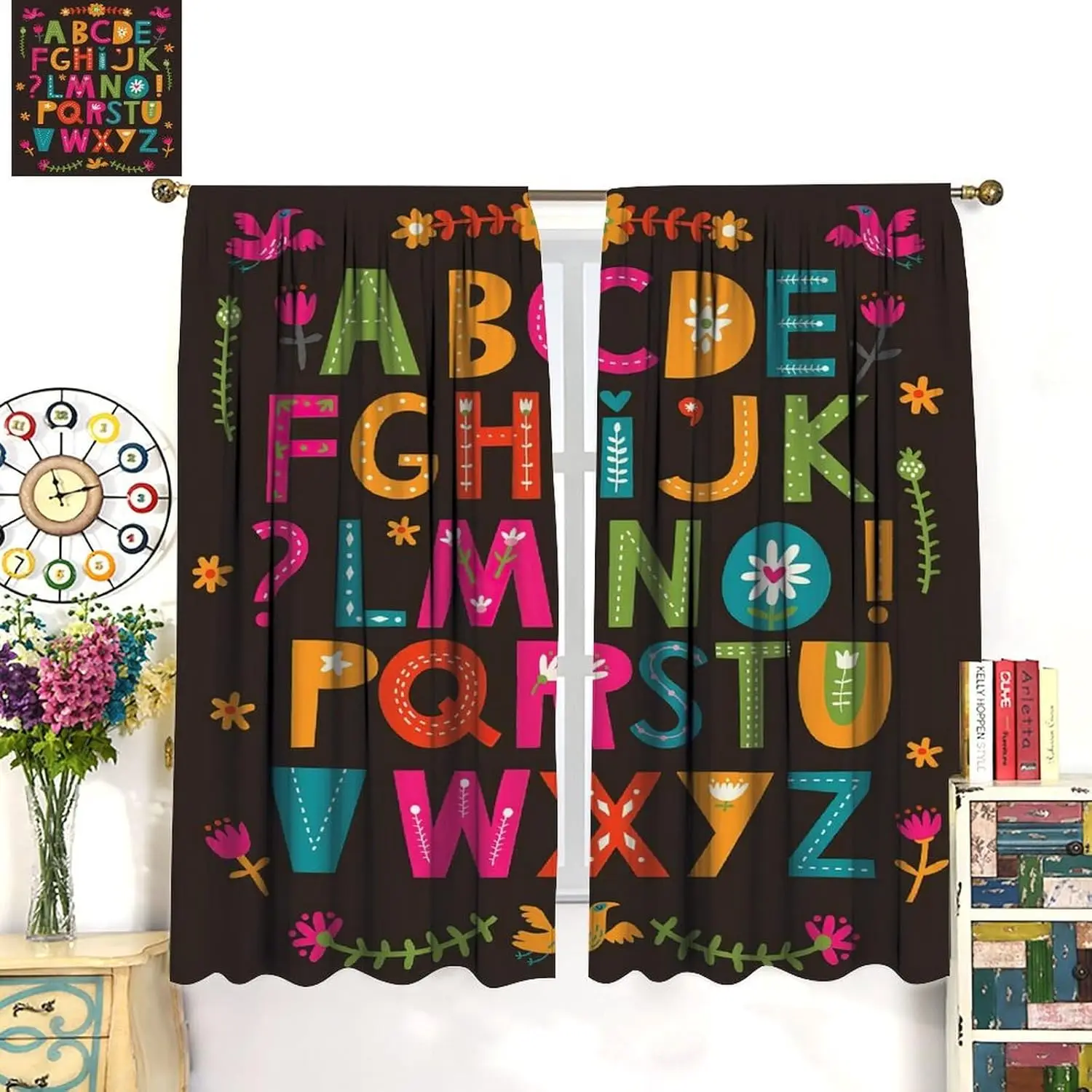 Kids Alphabet ABC Curtains, Cartoon Colorful Flower Alphabet Educational Window Drapes, for Children Bedroom Living Room