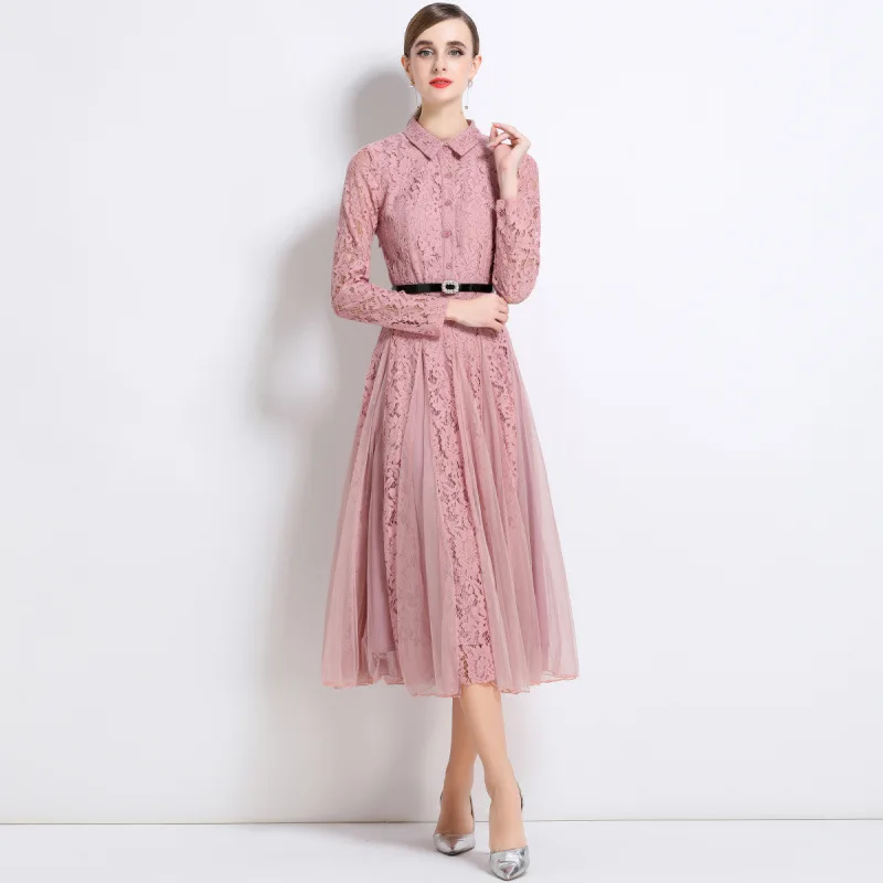 Ele Long Dr Taille Cinched Lace Me Splice Maxirock Sle Streetwear Polyester gestrickt mittlere Taille Thiened Long Sve