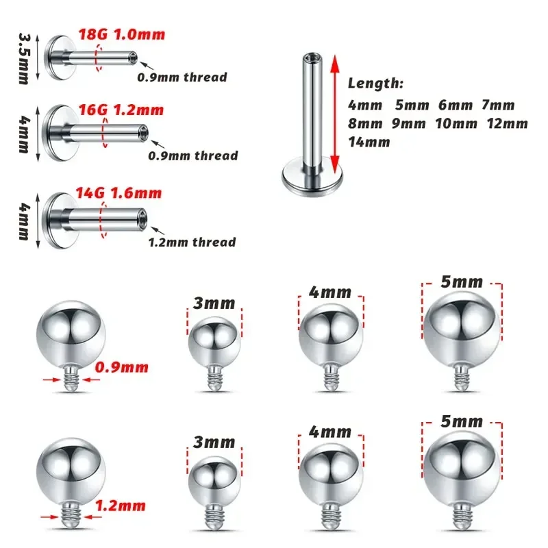 10pc ASTM-F136 Titanium Tragus Piercing 18G 16G 14G Labret Stud Lip Rings Piercing Oreja Cartilage Earring Labret Body Jewelry