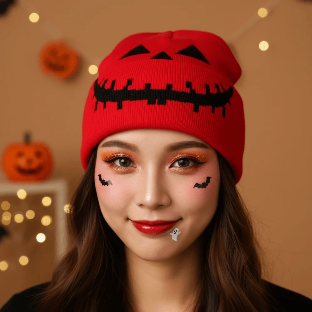 Knitted Fabric Pumpkin Beanie Hat Pumpkin Orange Soft Texture Halloween Knitted Cap Cuffed Brim Lightweight Hip Hop Skullcap
