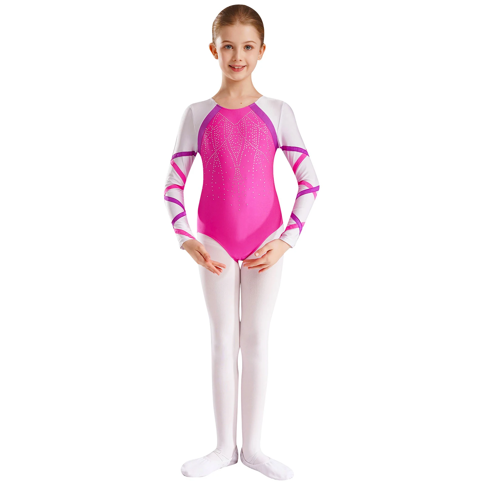 

Kids Girls Shiny Rhinestones Ballet Gymnastics Leotard Long Sleeve Contract Color Bodysuit Figure Skating Training Dance Costume