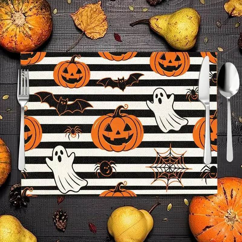 VIKAMA 2/4/6pcs Halloween Placemat Boo Letter Owl Pumpkin Ghost Bat Spider Web Striped Placemat Dining Table Decoration